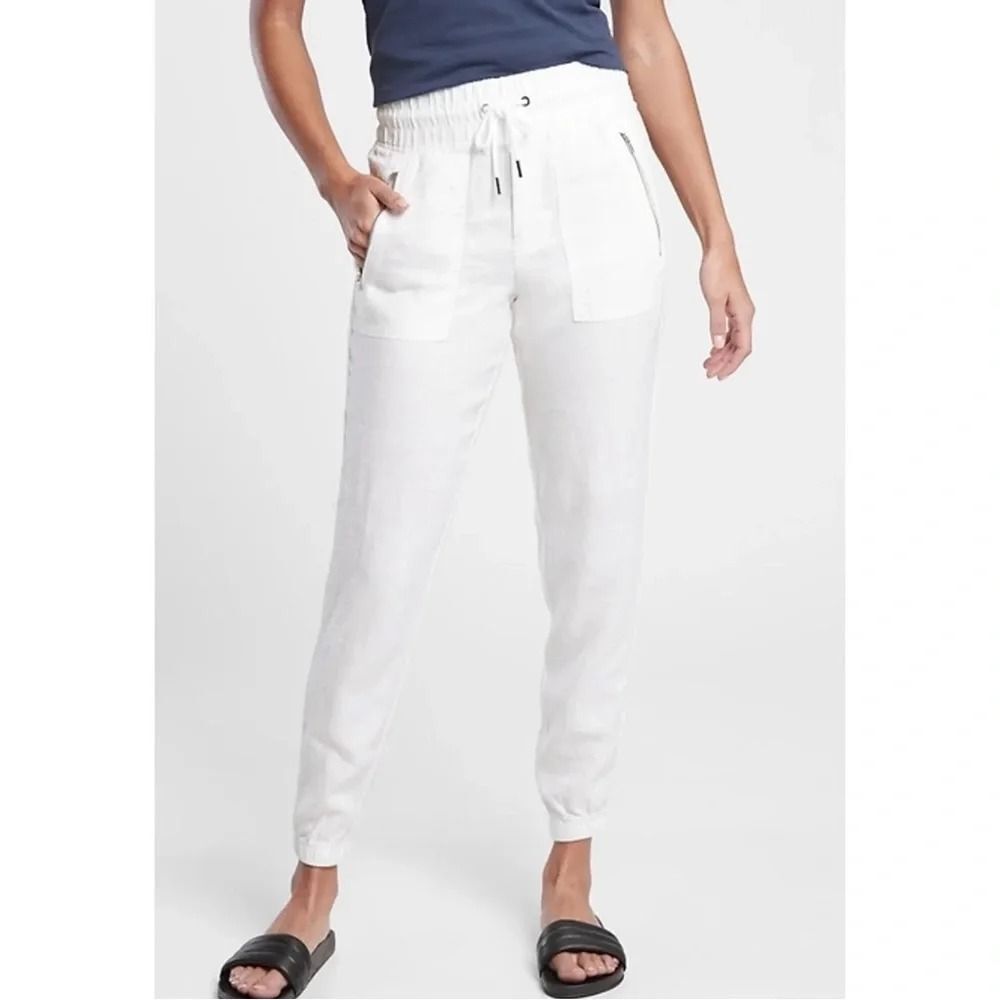 Athleta Cabo Linen Jogger Size 6 White 100% Linen Resort Utility Pants Travel